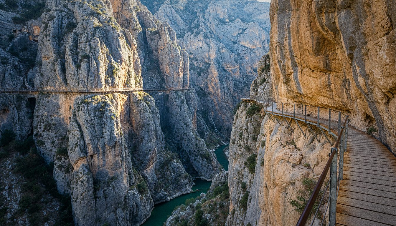 Vista do rio Guadalhorce a partir do passadiço suspenso do Caminito del Rey, com as paredes rochosas do desfiladeiro dos Gaitanes