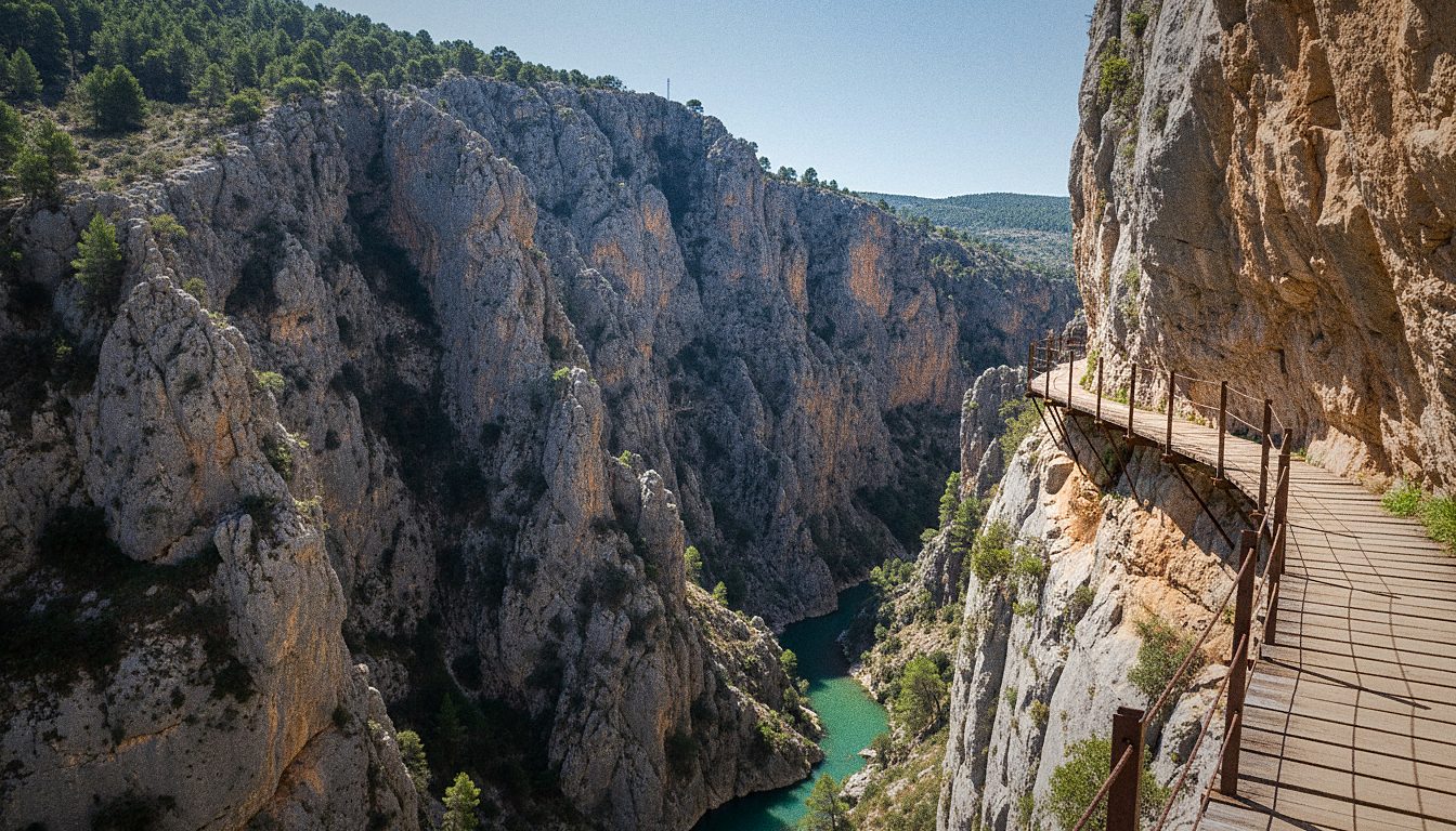 Trilho de acesso por pinhal antes da entrada no passadiço suspenso do Caminito del Rey, em El Chorro